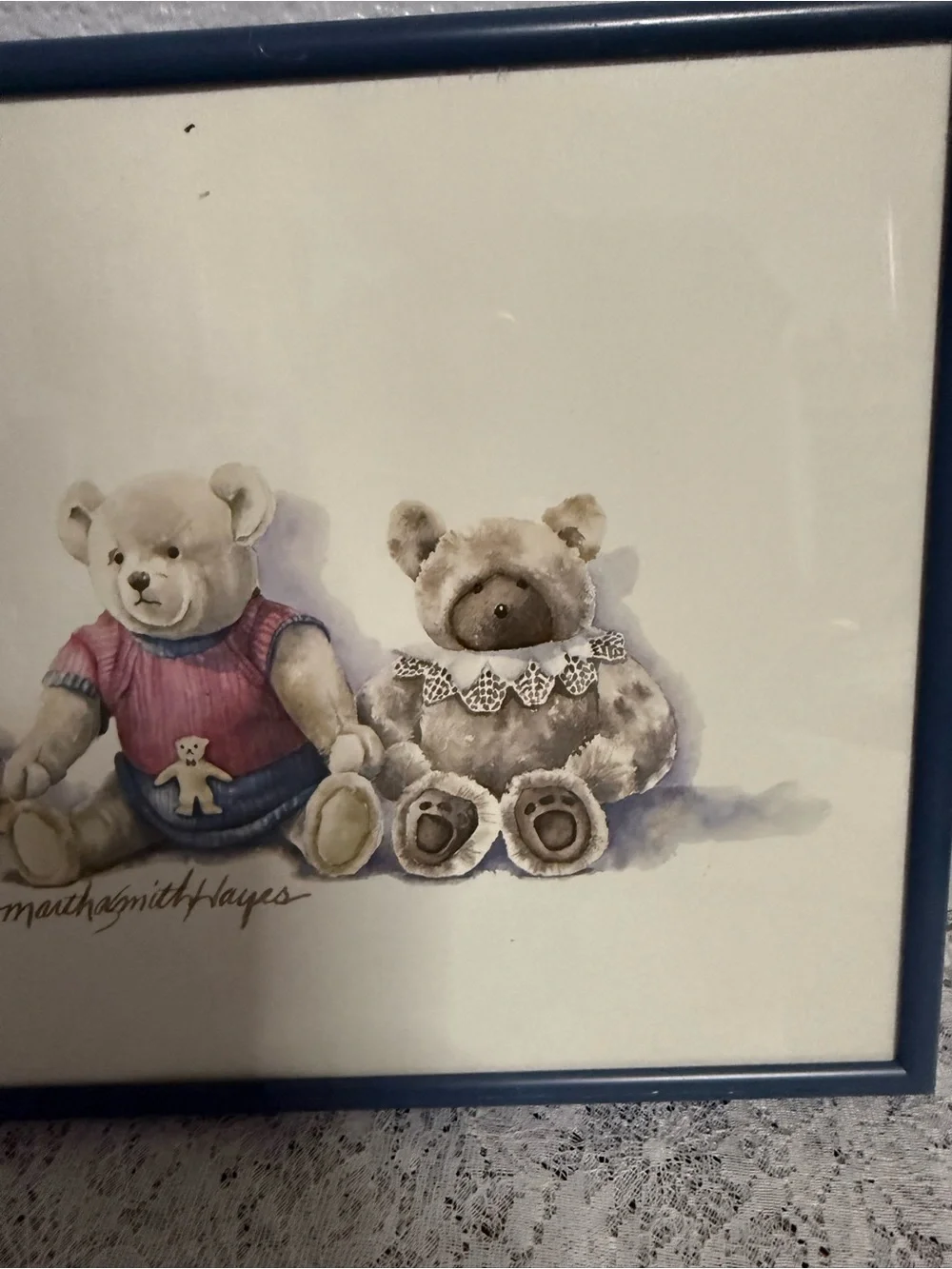 Vintage Martha Smith Haynes Teddy Bear Row Framed Wall Art - Blue Frame